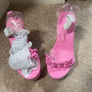 Baby pink heels with clear toe and pink chain